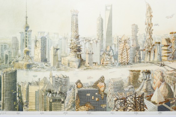 Une aquarelle originale représentant une vision «archiboréale» future de la ville de Shanghai où arbres et gratte-ciels s'entremêlent. Vision future de Shanghai, par Luc Schuiten ; Shanghai, Chine, 2012