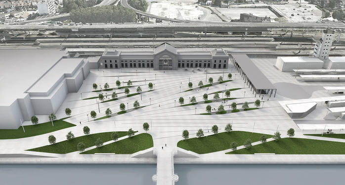 Sambre quays and station square in Charleroi